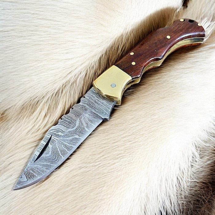 Custom Handmade Damascus Steel Pocket Knife with Rosewood Handle