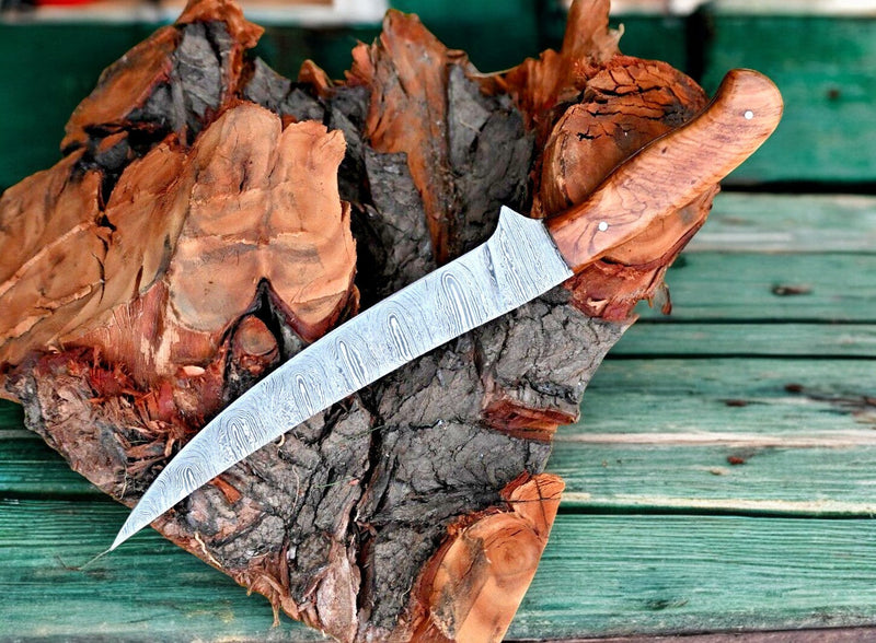 Handmade Damascus Fillet Knife – 12.6" Olivewood Handle