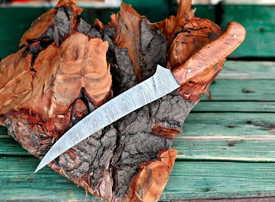 Handmade Damascus Fillet Knife – 12.6" Olivewood Handle