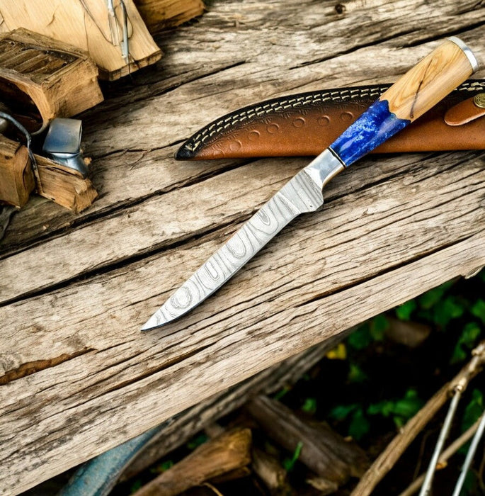 Handmade Damascus Fillet Knife – Epoxy Olive Wood Handle