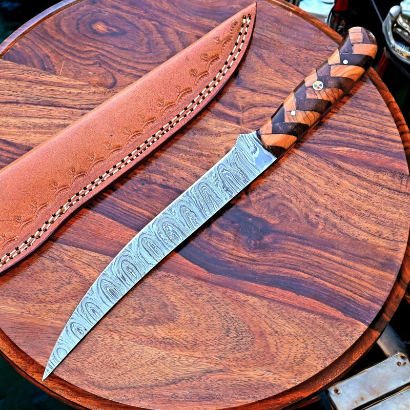 Handmade Damascus Fillet Knife – 12" with Olivewood Handle