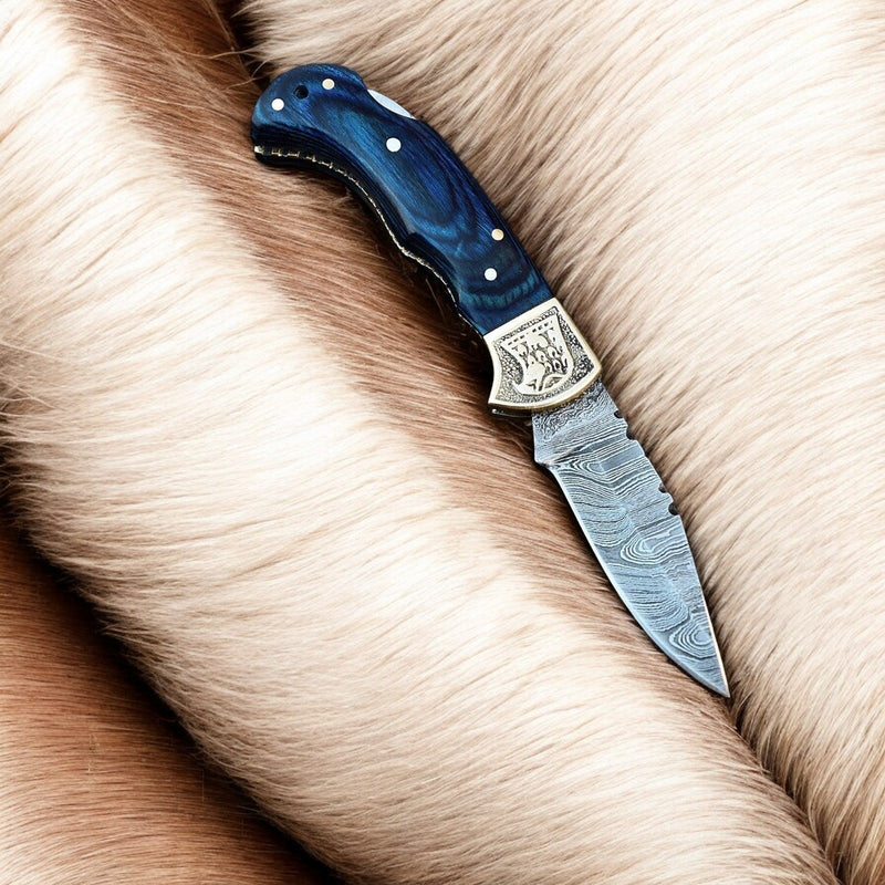 Handmade Damascus Folding Knife – Exotic Wood & Brass