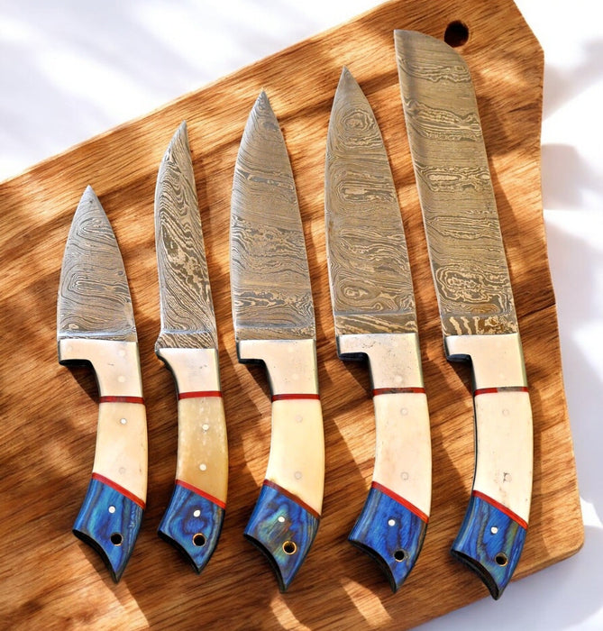 Handmade Damascus Kitchen Knives Set – Exotic Wood & Bone
