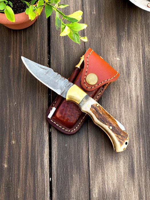 cowboy Pocket Knife | Antler Horn Handle with damascus blade