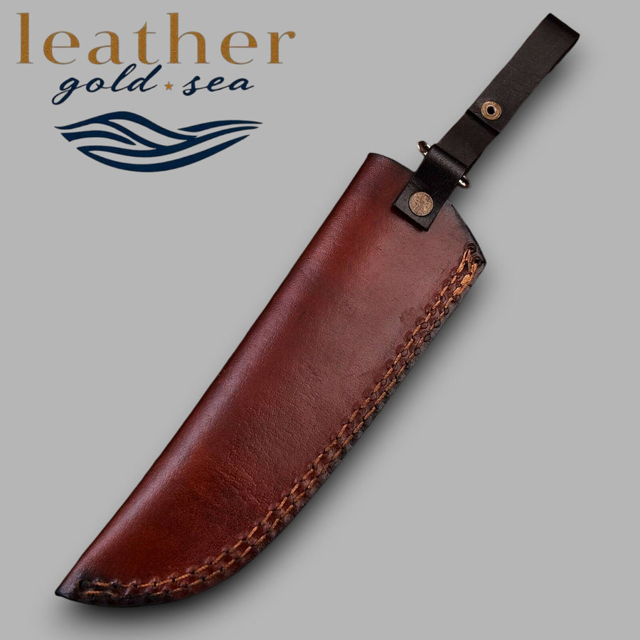 Opposite side of dark brown sheath holding a knife