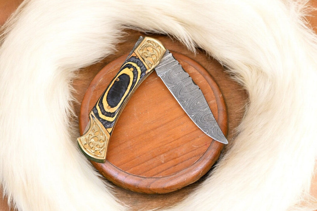 Handmade Damascus Folding Knife – Exotic Wood Handle