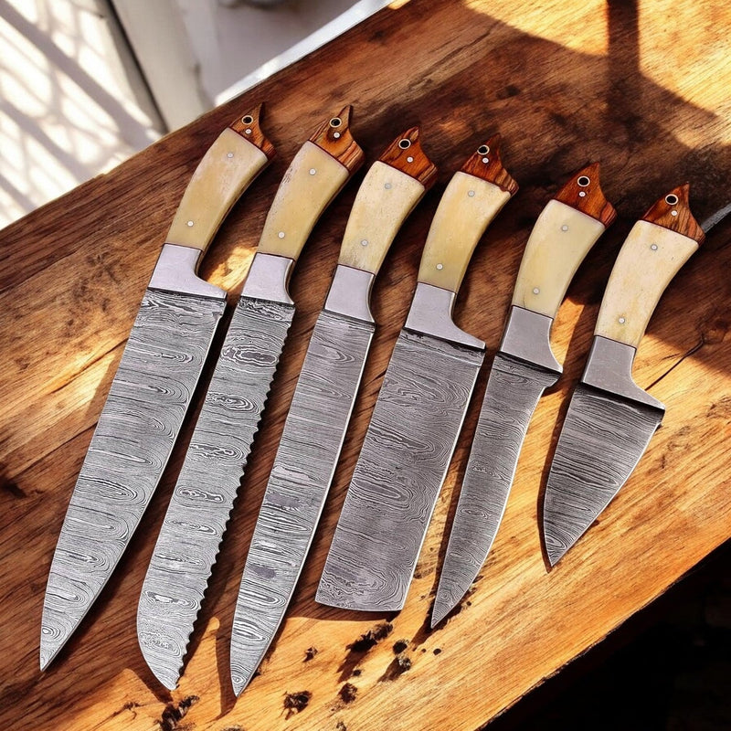 Custom Handmade Damascus Kitchen Knives Set – Leather Roll