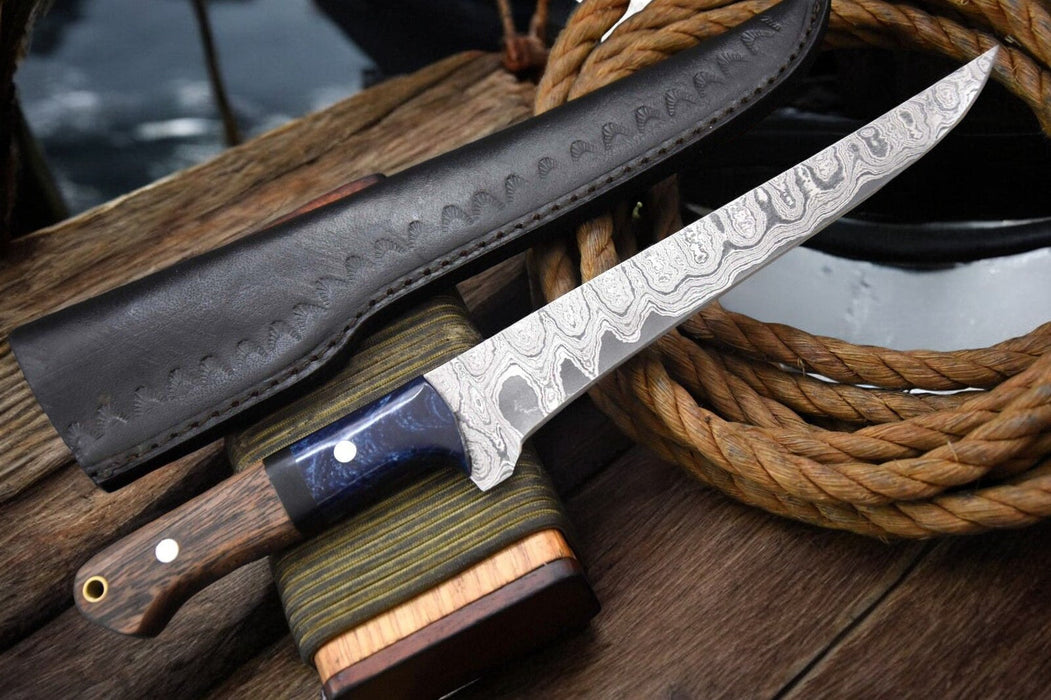 Handmade Damascus Fillet Knife – Olivewood & Resin Handle