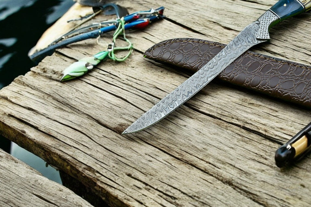 Custom Handmade Damascus Fillet Knife – 12.5” with Leather Sheath