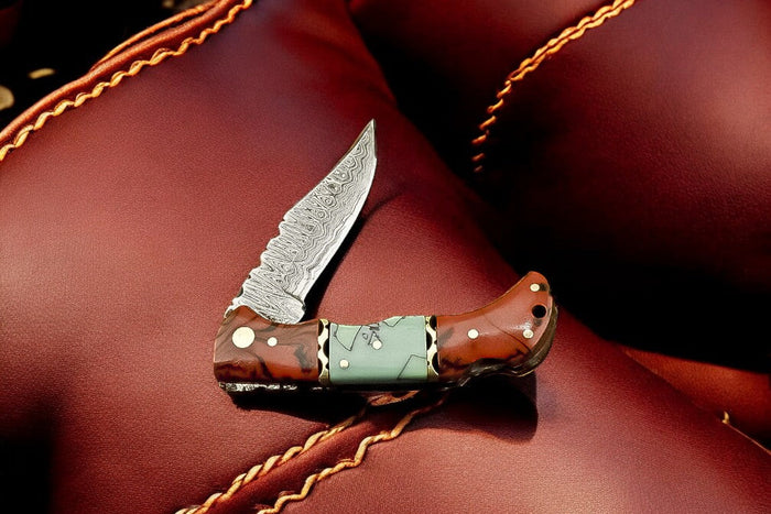 Custom Handmade Damascus Pocket Knife – Epoxy Resin Handle