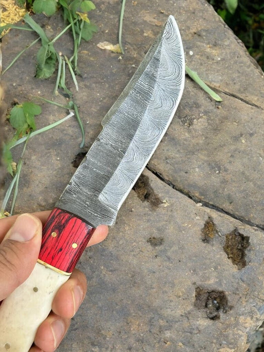 Handmade Damascus Hunting Knife – Bone & Exotic Wood