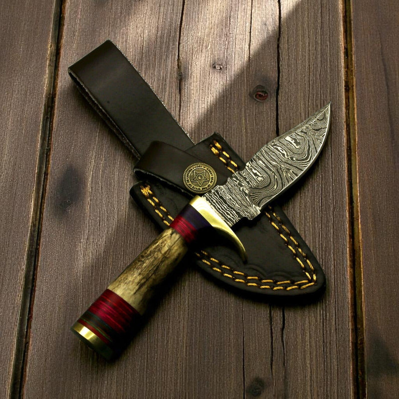 Handmade Damascus Hunting Knife with Antler Horn Handle