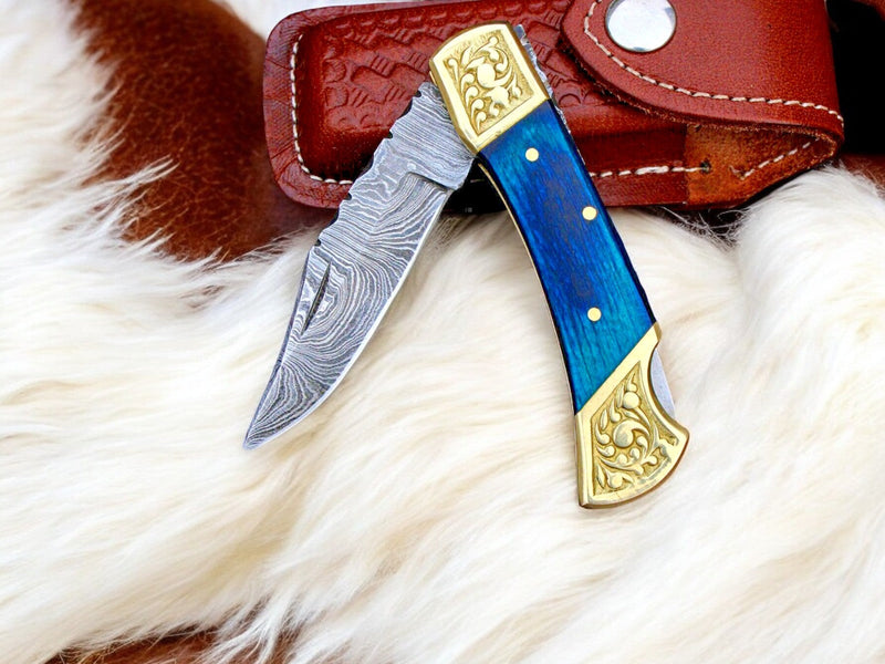 Exotic Blue Wood Damascus Pocket Knife | Back Lock