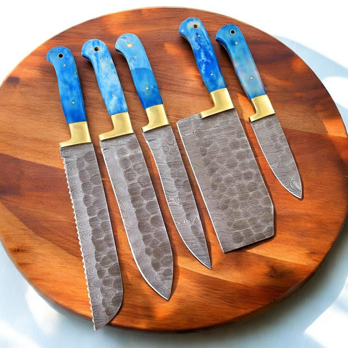 Handmade Damascus Kitchen Knives Set with Bone Handles