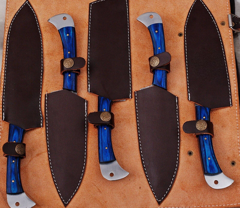 Handmade Damascus Kitchen Knives Set with Exotic Wood