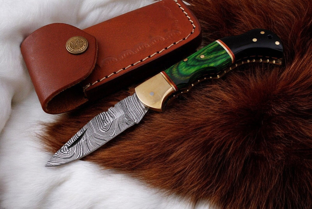 Custom Handmade Damascus Pocket Knife with Green Wood Handle
