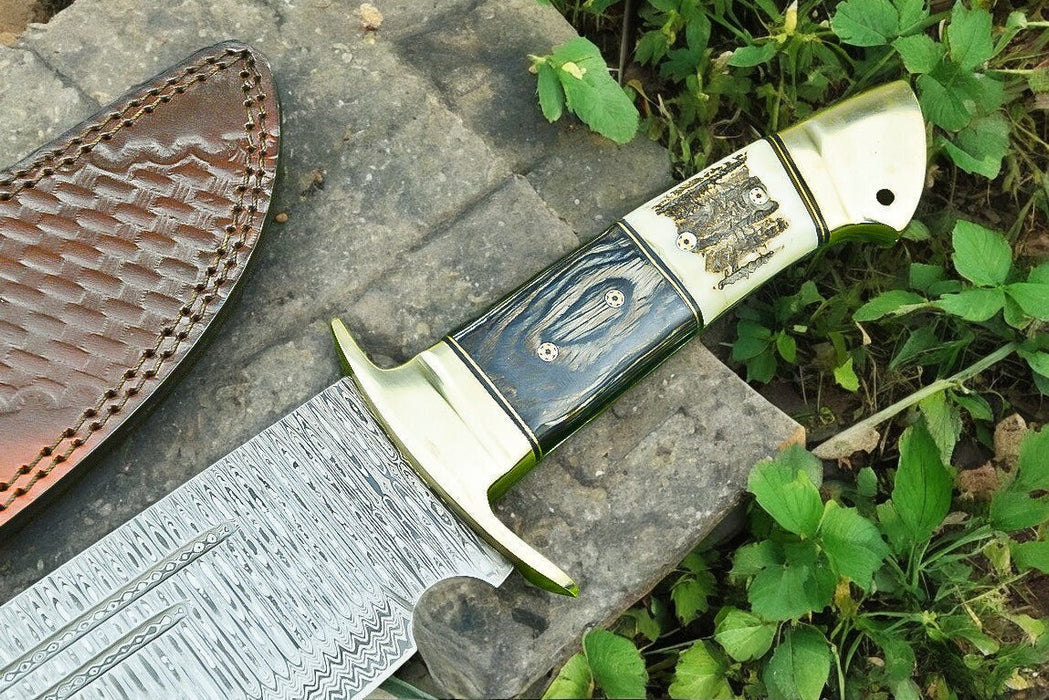 Handmade Damascus Bowie Knife | 16" Antler Horn Handle