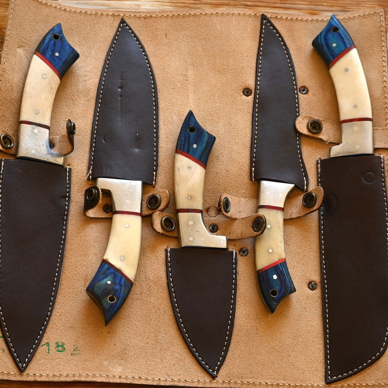 Handmade Damascus Kitchen Knives Set – Exotic Wood & Bone