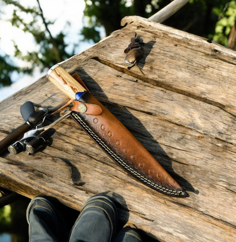 Handmade Damascus Fillet Knife – Epoxy Olive Wood Handle