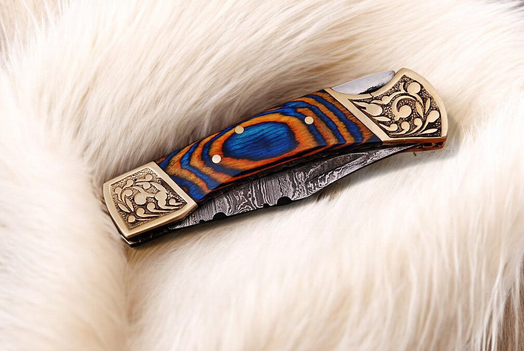 Handmade Damascus Folding Knife – Exotic Wood Handle