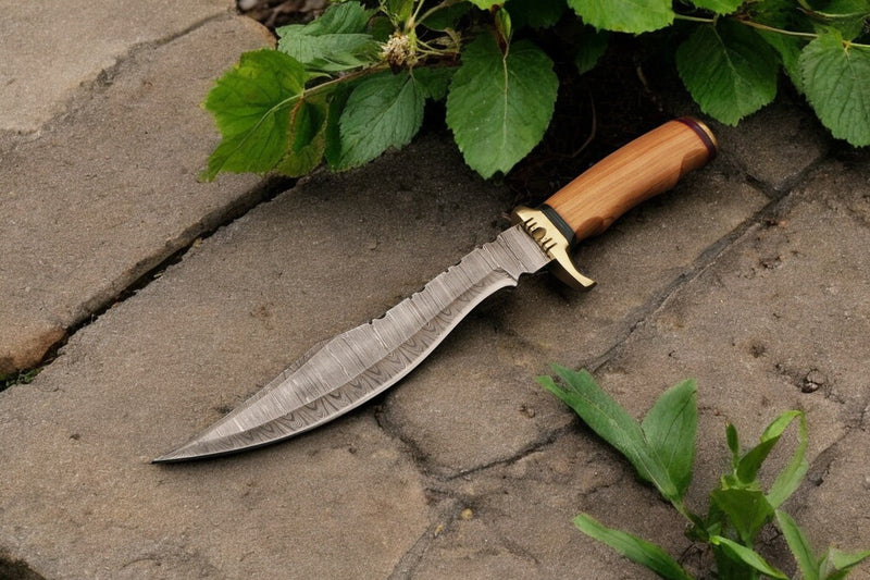 Handmade Damascus Bowie Knife with Olive Wood Handle