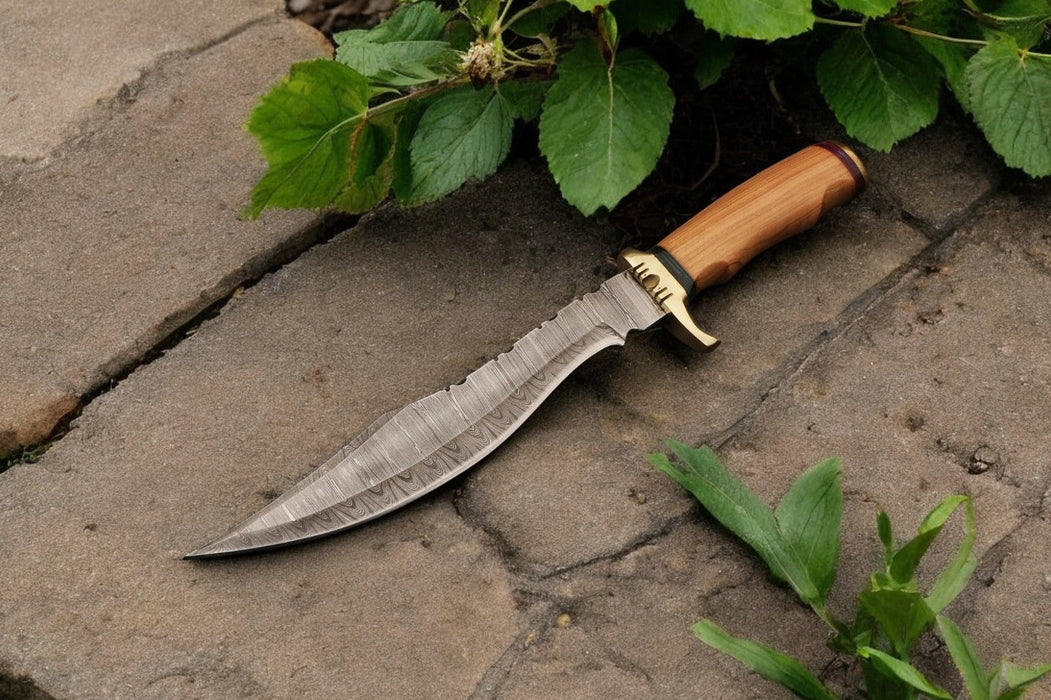 Handmade Damascus Bowie Knife with Olive Wood Handle