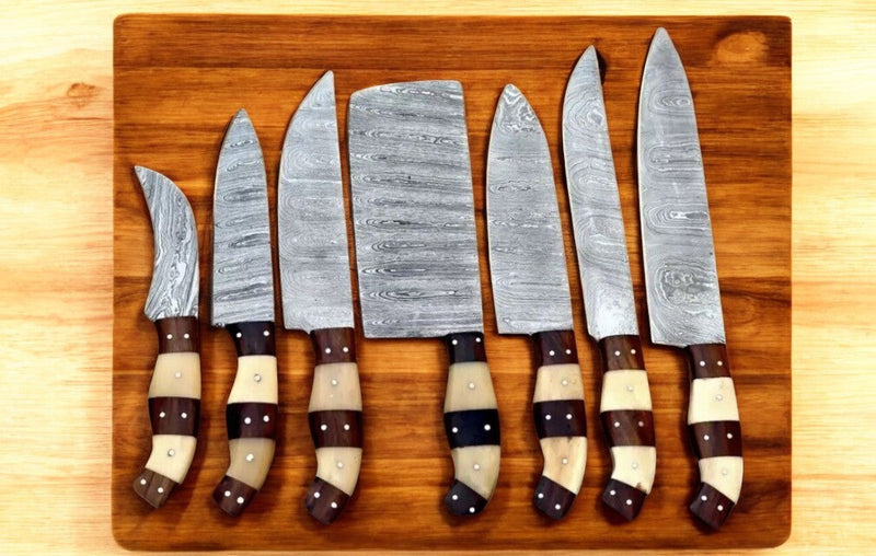Handmade Damascus Kitchen Knives Set – Bone & Rosewood