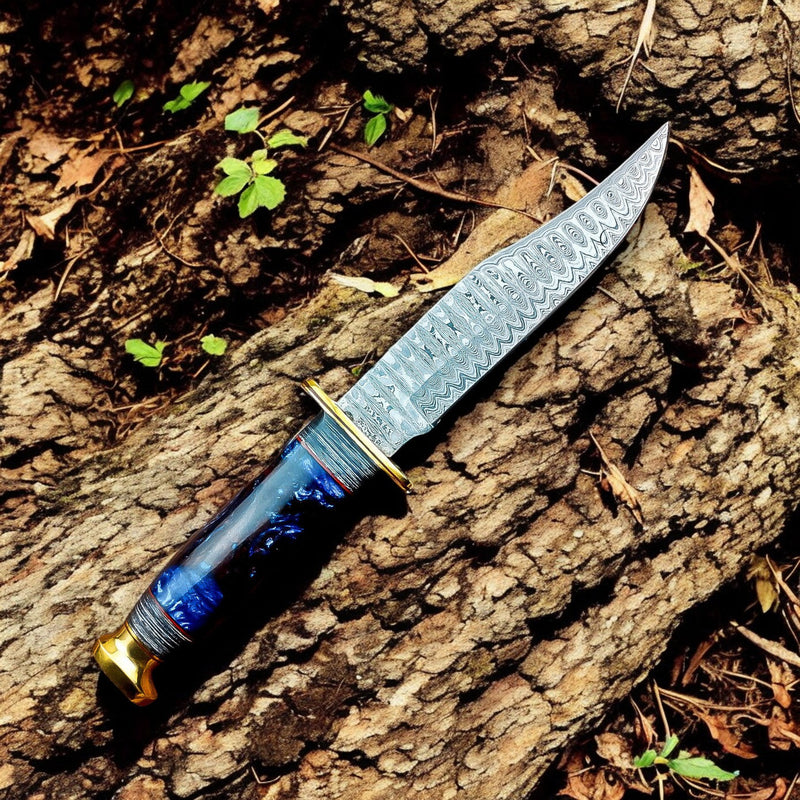 Custom Handmade Bowie Knife - 12" Damascus Steel Blade with Leather Sheath