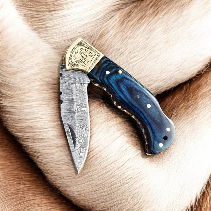 Handmade Damascus Folding Knife – Exotic Wood & Brass