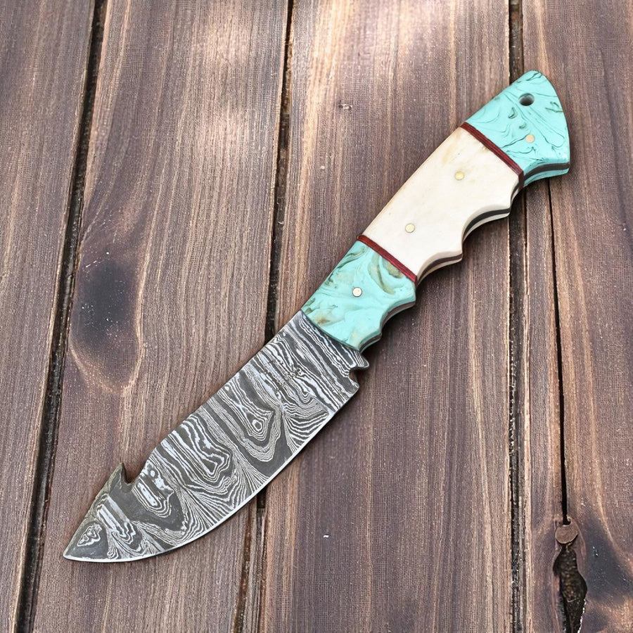 Handmade Damascus Steel Gut Hook Hunting Knife 8"