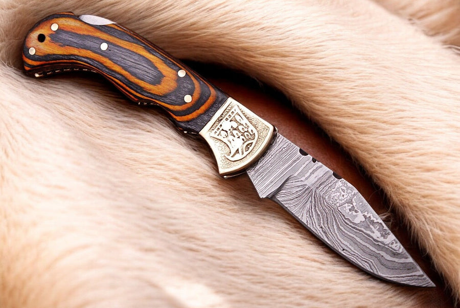 Custom Handmade Damascus Pocket Knife with Exotic Wood Handle