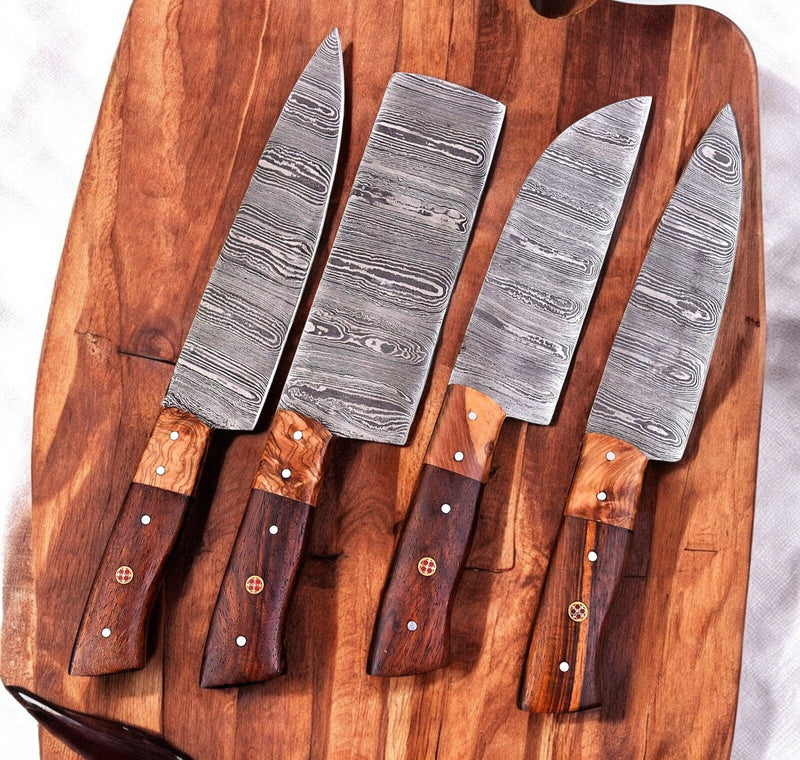 Handmade Damascus Kitchen Knives Set – Olive & Rosewood