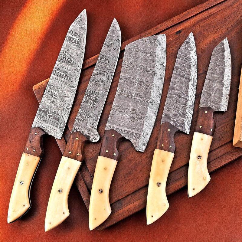 Handmade Damascus Kitchen Knives Set – Bone & Rosewood