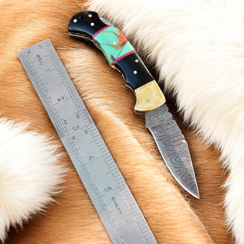 Custom Handmade Damascus Steel Pocket Knife with Brass Bolster