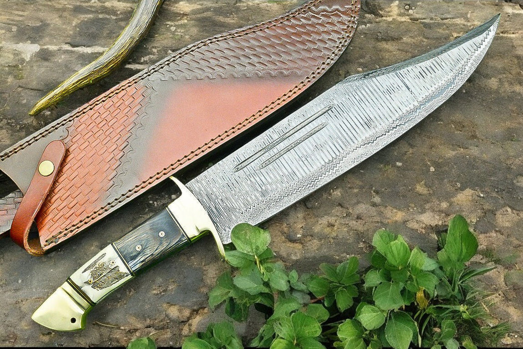 Handmade Damascus Bowie Knife | 16" Antler Horn Handle
