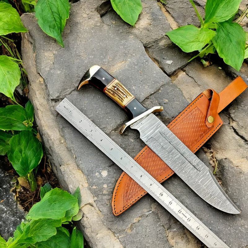 Handmade Damascus Bowie Knife – 15" with Wenge & Antler