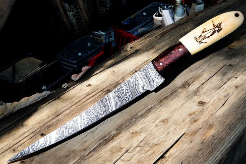 Custom Handmade Damascus Fillet Knife | 13" with Bone & Wood Handle