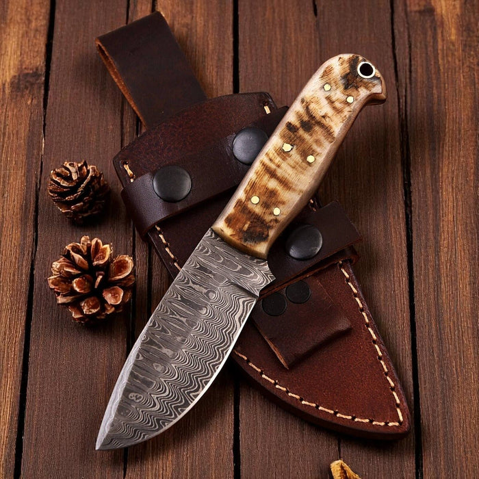 Handmade Damascus Hunting Knife with Sheep Horn Handle