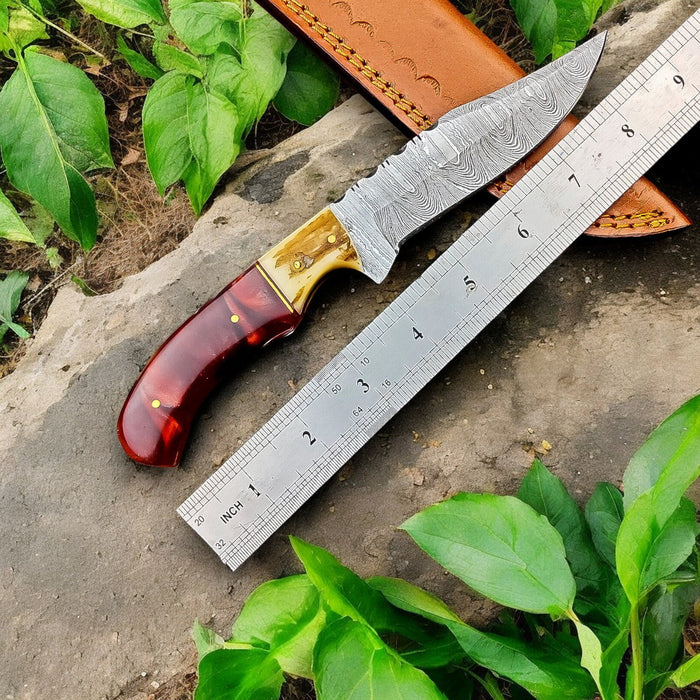 Custom Handmade Damascus Hunting Knife – 9" with Sheath
