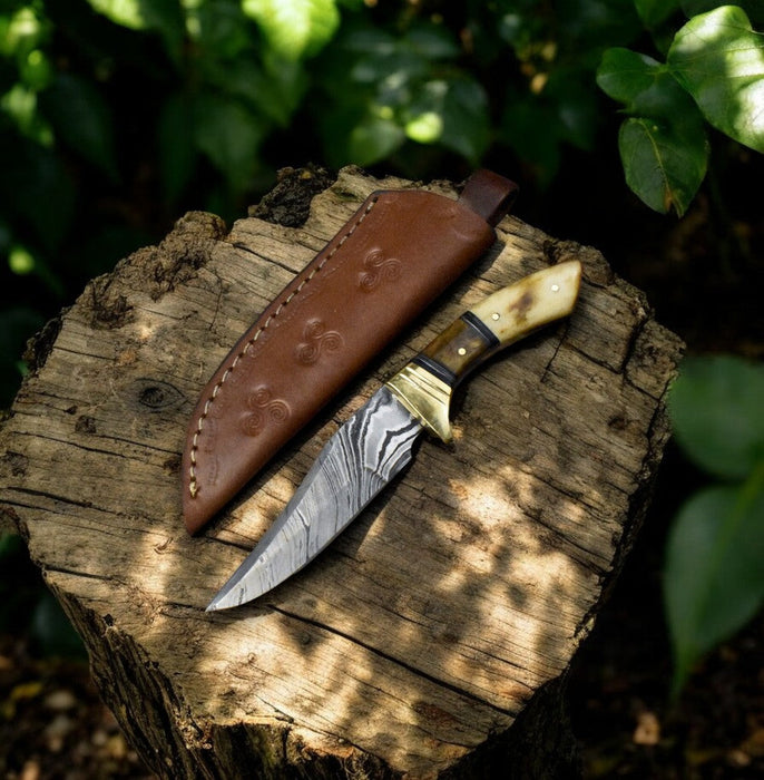 Handmade Damascus Skinning Knife with Bone & Rosewood Handle