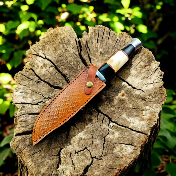 Handmade Damascus Bowie Knife – Bone & Buffalo Horn Handle