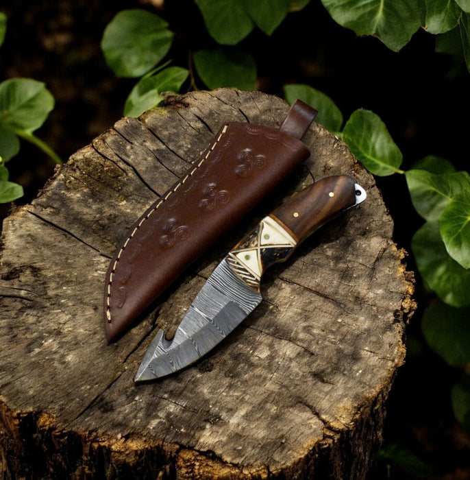 Custom Handmade Damascus Steel Skinning Knife with Rosewood & Bone Handle