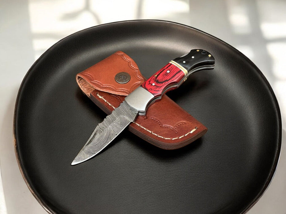 Exotic Wood & Horn Damascus Folding Knife – 3" Blade