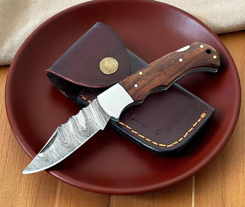 Handmade Pocket Knife | Wood Handle with Damascus blade