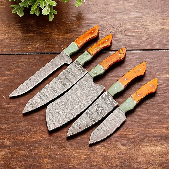 Handmade Best Damascus Knife Set with Leather Roll