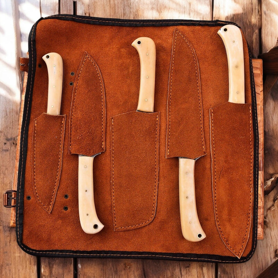 Handmade Damascus Kitchen Knives Set with Bone Handles