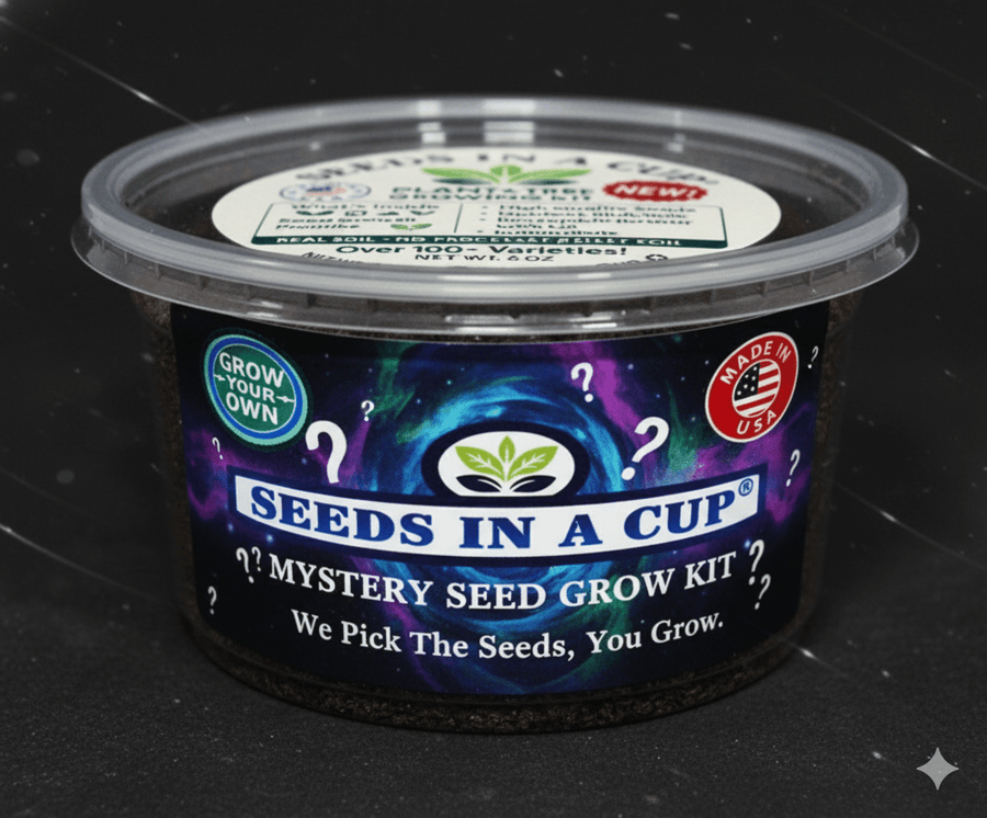Mystery Plant Grow Kit — Surprise Seeds In A Cup® with Premium Soil, Non‑GMO Seeds, Dual‑Purpose Lid/Saucer, and Easy How‑to‑Grow Instructions