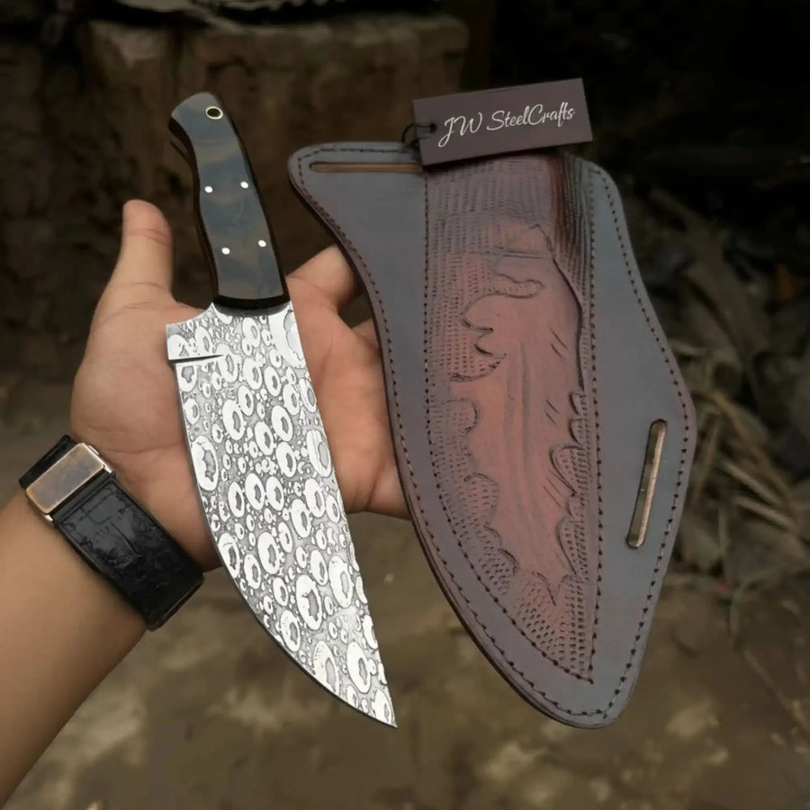 Serbian Utility Knife 9” – Acid Etched Blade with Cross Sheath