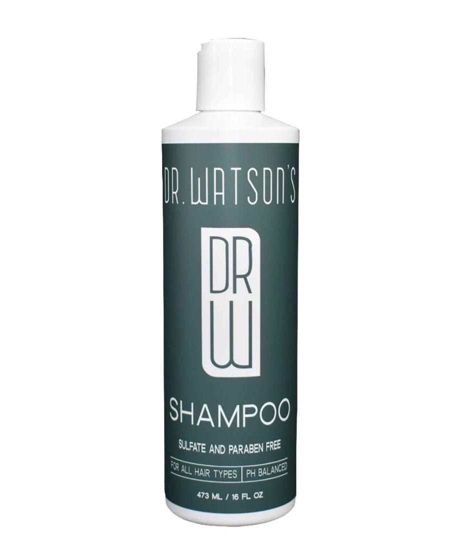 Dr. Watson's original shampoo bottle with dark green label and white cap