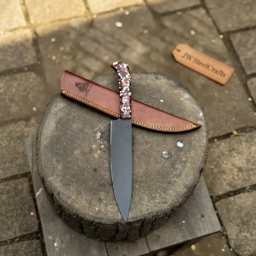 Black Blade Chef Knife Full Tang with Custom Handle & Leather Sheath